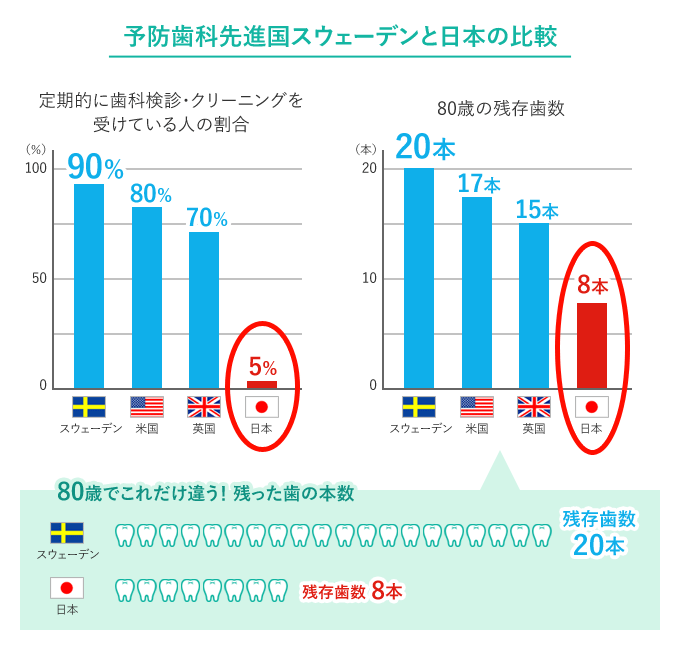 予防歯科先進国スウェーデンと日本の比較。スウェーデンで定期的に歯科検診・クリーニングを受けている人は90%、日本では5%です。80歳の残存歯数はスウェーデンでは20本、日本では8本です。